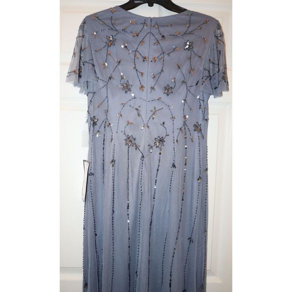 Papell Studio Women's Sz 10 Dusty Blue Flutter-Sleeve Embellished Long Gown $179 - Picture 7 of 11